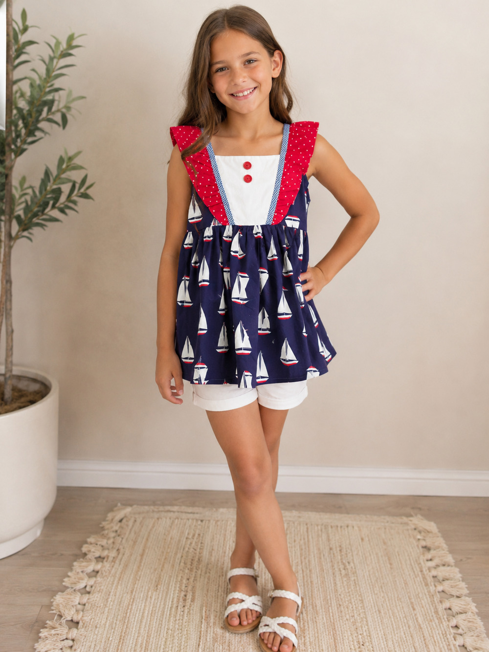 Tabitha Twinkle Sailor/Sailboat Patriotic Ruffle Tunic Girls 10-12